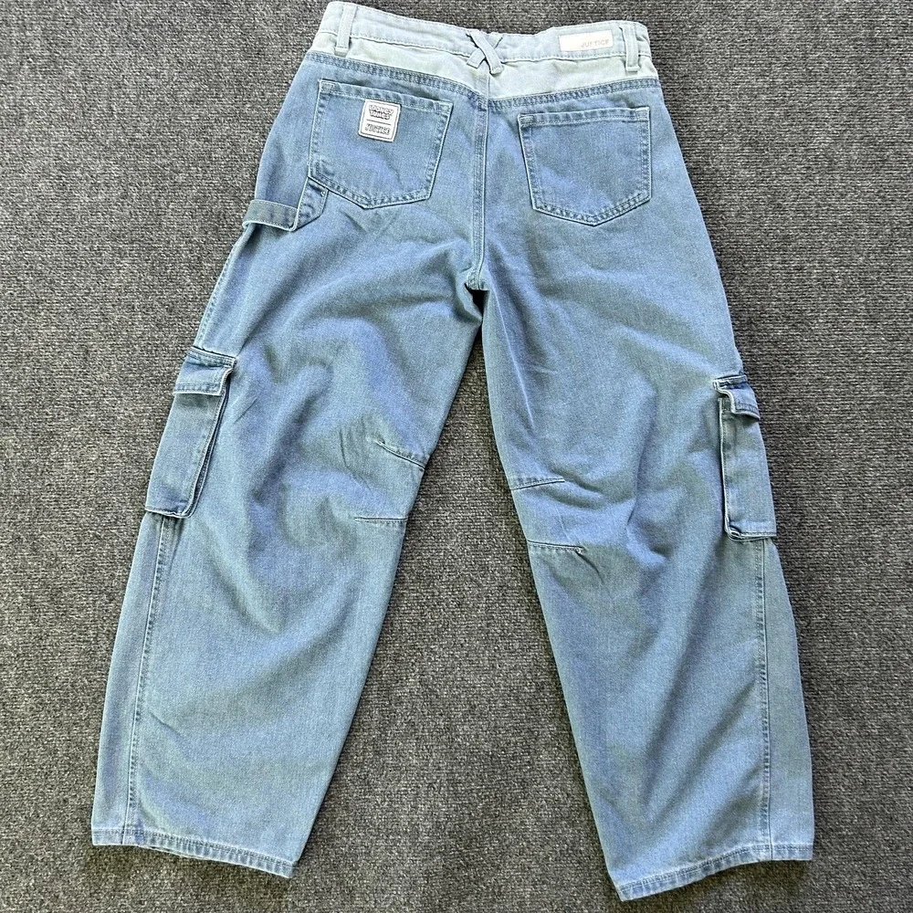Justice Jeans Girls 16 Blue Barrel Wide Leg Looney Tunes Bugs Bunny Cargo Denim